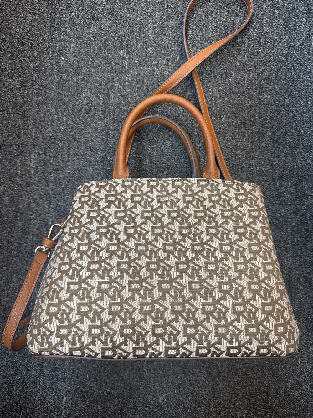 DKNY Brown Shoulder Bag with Monogram Print